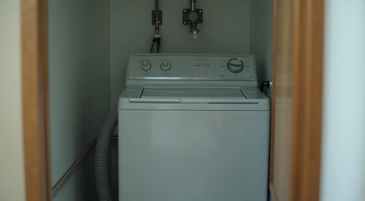 洗濯機の背面まわり。壁の水栓につながる給水ホースと、床の排水口へ伸びる排水ホースが見えている